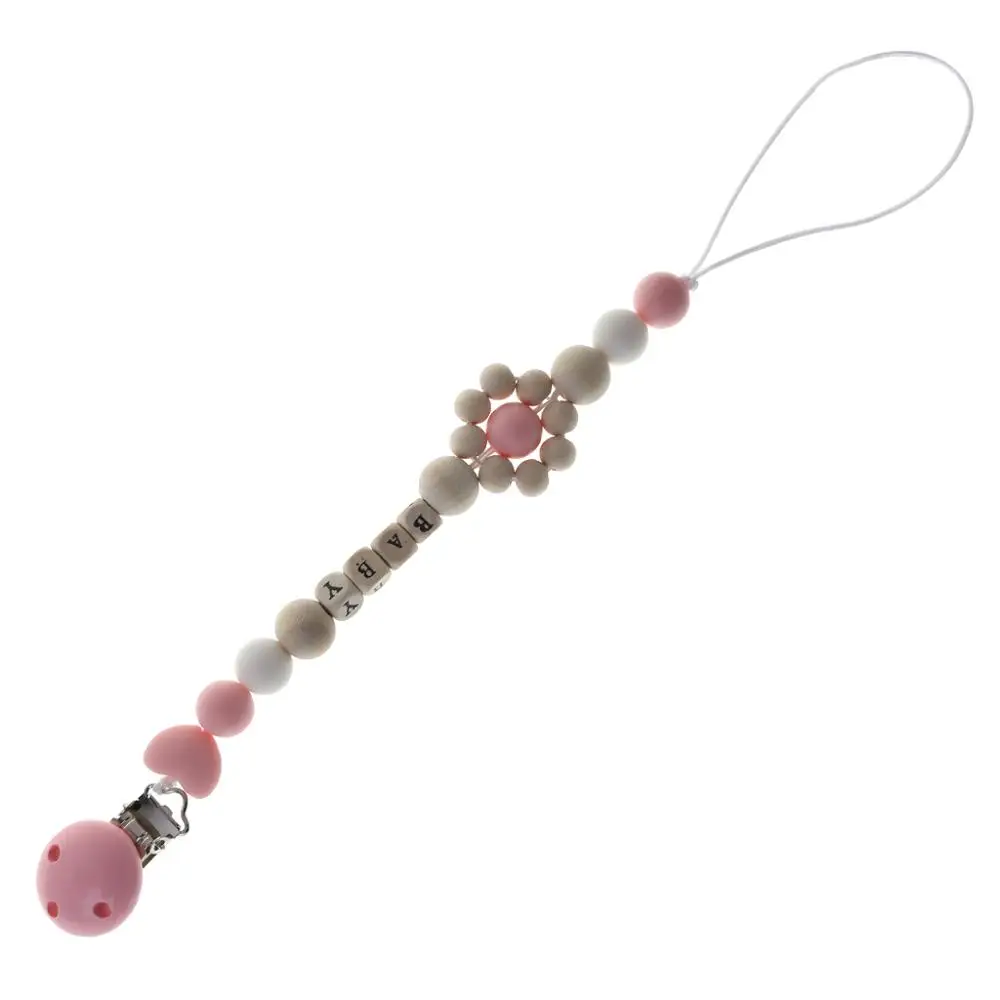 Pacifier Chain Wood Silicone Bead Flower Strap Holder Baby Teether Teething Care