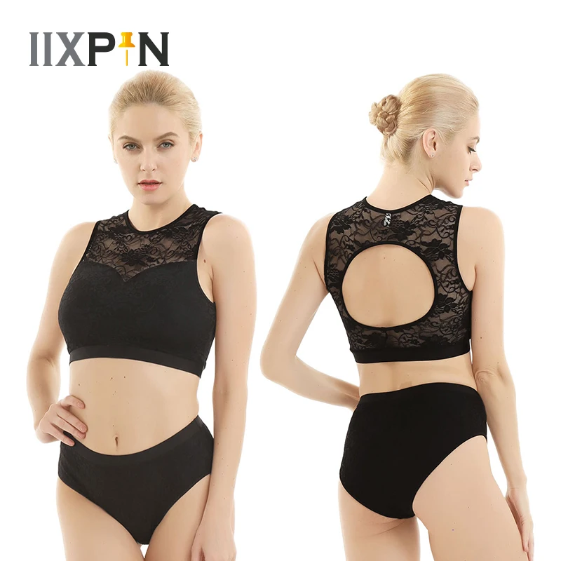 

Women Pole Dance Costume Activewear Lace Suits Sleeveless Back Hollow Out Crop Tops with Hot Shorts for Pole Active Dancewear