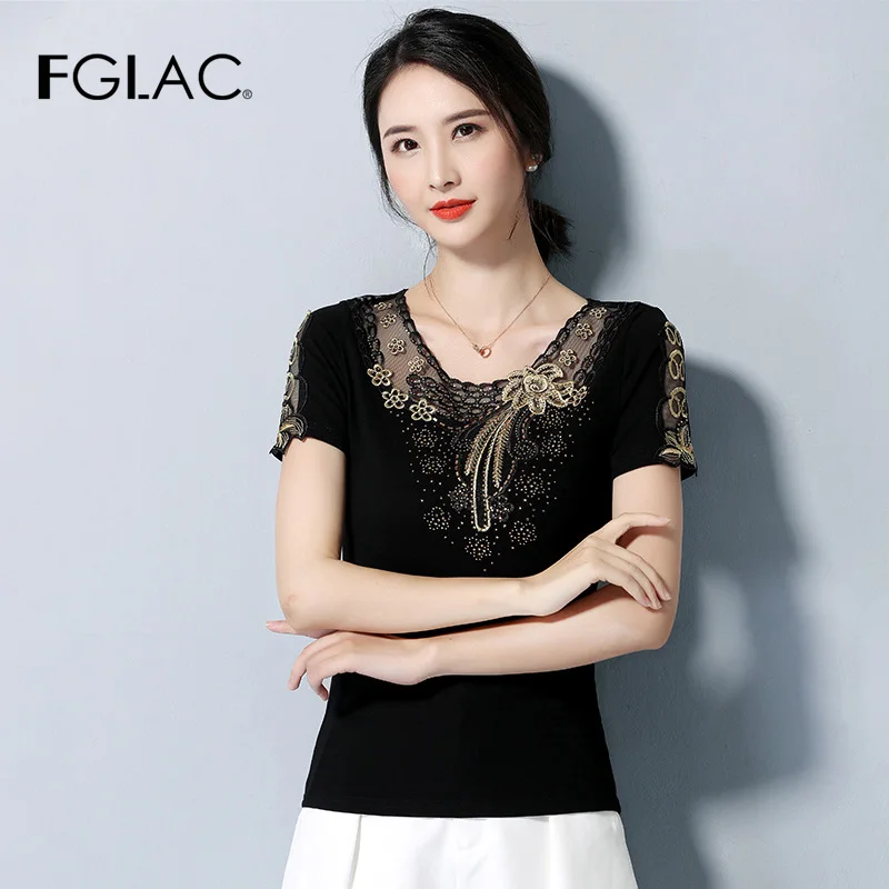 Kopen 4XL Plus Size Vrouwen Shirt Mode Korte Mouw Zomer Tops Shirt Elegante Slanke Geborduurde Diamant Vrouwen Blouse Shirt