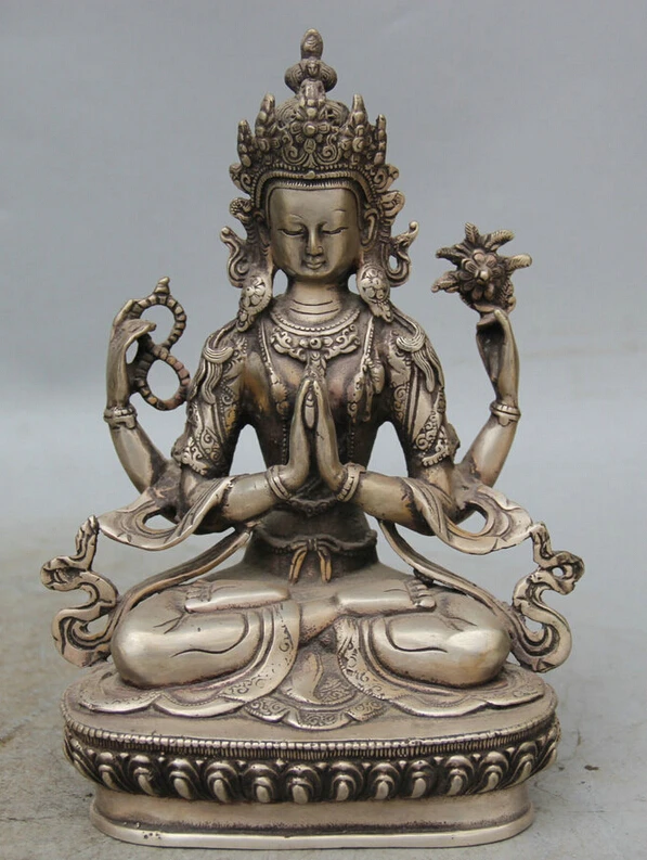 

Collectible bronze S1639 8" Tibet Tibetan Buddhism Silver 4 arms Chenrezig Buddha Avalokiteshvara Statue (B0328)