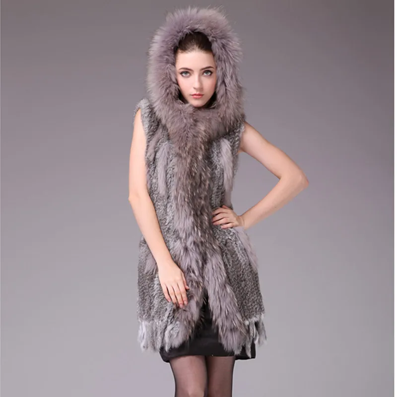 

Winter Women's Genuine Real Knitted Rabbit Fur Vest Raccoon Fur Hoody and Tassels Lady Waistcoat Female Gilet VF0571