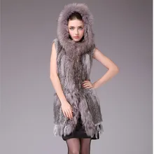 Winter Women’s Genuine Real Knitted Rabbit Fur Vest Raccoon Fur Hoody and Tassels Lady Waistcoat Female Gilet VF0571