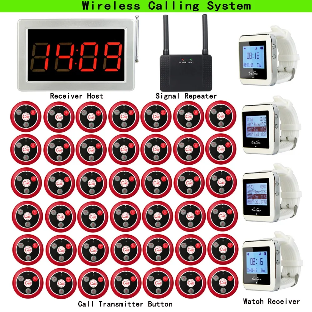 Беспроводная система вызова пейджера для кафе Кофейня хост приемника+ 4 шт. часы приемник+ повторитель сигнала+ 42 шт. кнопка вызова F3290D