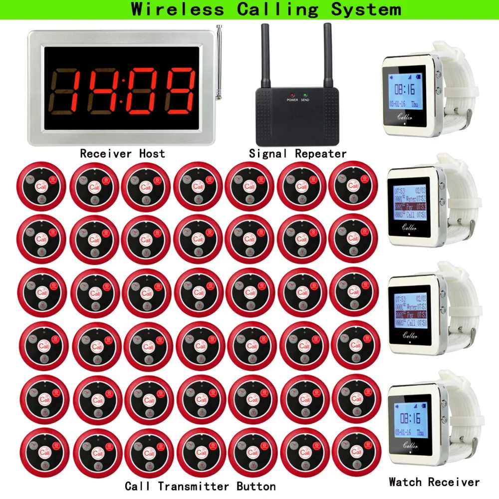 

Wireless Pager Calling System For Cafe Coffee Shop Receiver Host+4pcs Watch Receiver+Signal Repeater+42pcs Call Button F3290D
