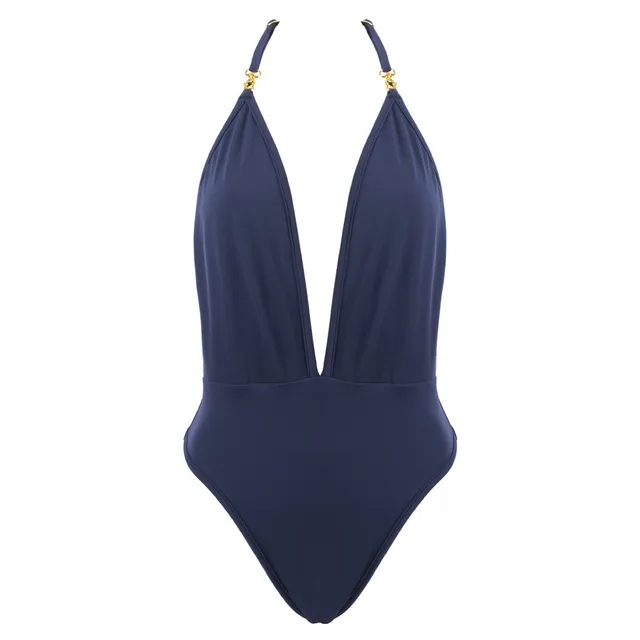 Sexy Solid Color Deep V Halter One Piece Swimsuit Swimwear Monokini High Waist Backless Push Up