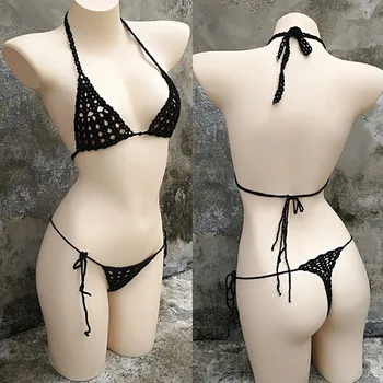 Handmade crochet micro bikini Set Sexy Black Lingerie Set mini bikini Sunbathing micro swimwear Black black hollow bikini set swimwear