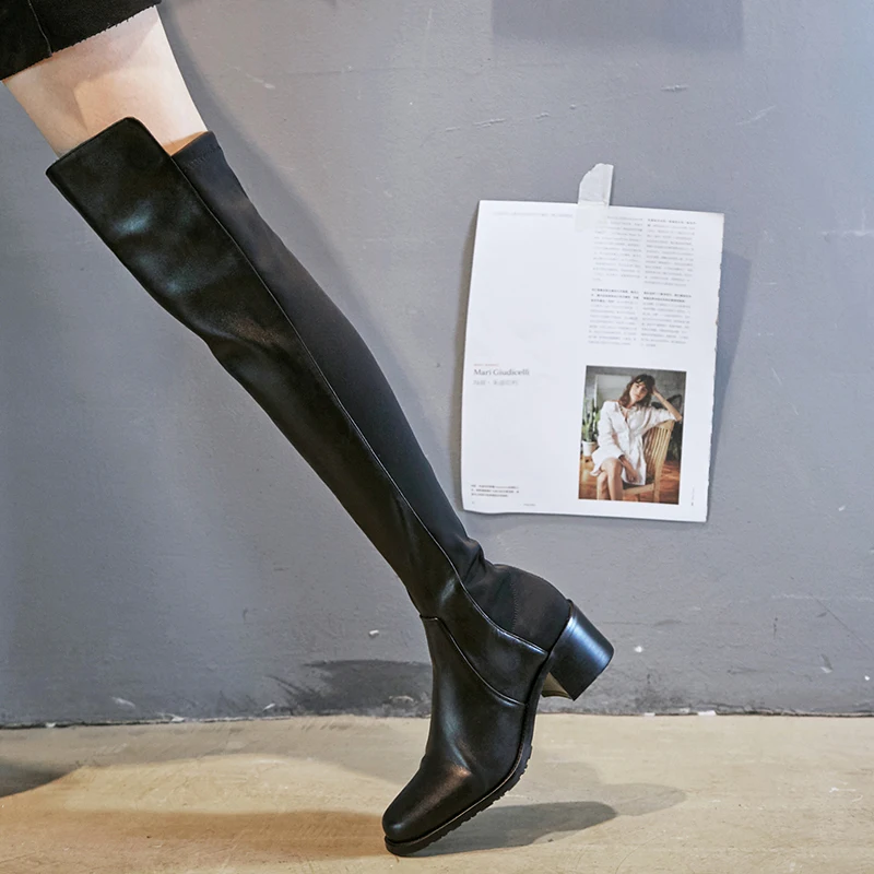 Женские Зимние ботфорты выше колена из натуральной замши и эластичной ткани в стиле пэчворк; высокие сапоги для отдыха; Черная узкая обувь для женщин