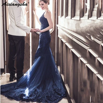 

Blue Muslim Evening Dresses Mermaid Spaghetti Straps Appliques Islamic Dubai Kaftan Saudi Arabic Long Beaded Evening Gown