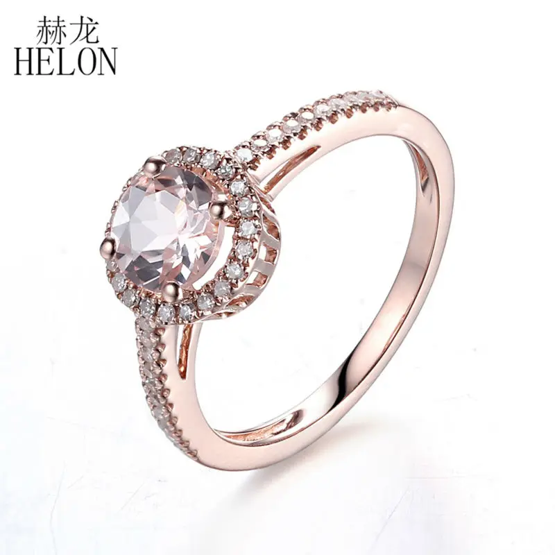 

HELON 6mm Round 0.73ct Natural Morganite Ring Solid 14K Rose Gold Pave 0.2 Diamond Engagement Wedding Ring Women Elegant Jewelry