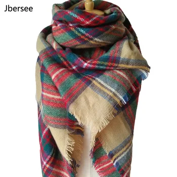 

Jbersee European and American Style Plaid Foulard Tassel Pashmina Scarf Winter Cashmere Scarf Women Scarves Large Tartan Shawl