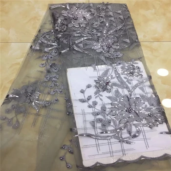 

VILLIEA 3D Applique African Lace Fabric, Beautiful Grey Embroidered Tulle Lace Fabric, Handmade Beaded Heavy Lace