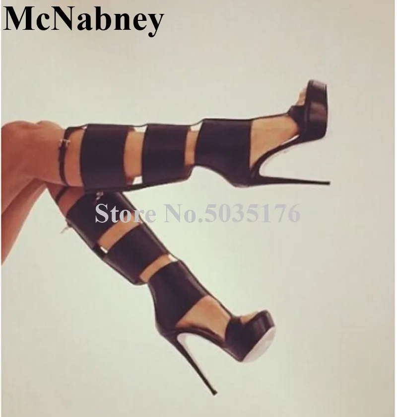 

2019 European Fashion Hollow Peep Toe High Stiletto Heel Platform Knee-High Long Boots Zip Cover Heel Spring/Autumn Women Shoes