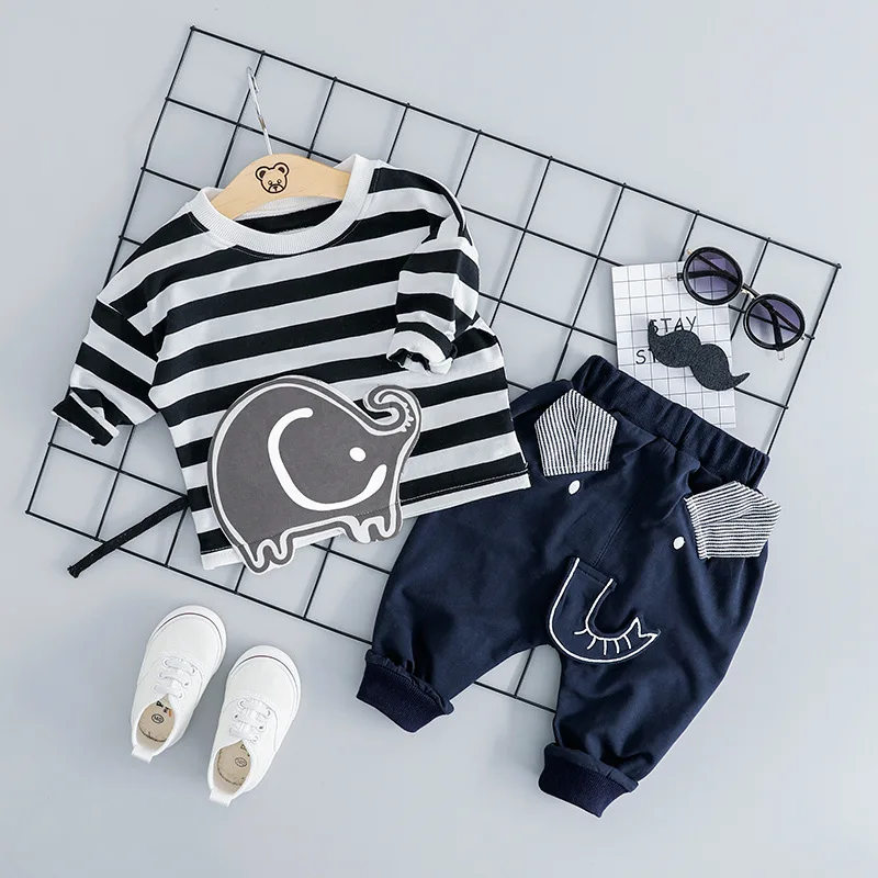

Spring Autumn Baby Boy Cotton Suit Newborn Infant Clothing Set Cartoon Stripe Elephant Tops & Trousers 2pcs Kids Clothes Outfits