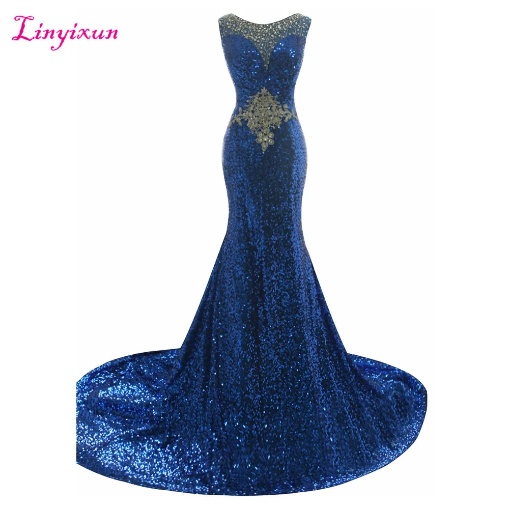 

Linyixun Real Photo Mermaid Prom Dresses 2017 Luxury Beading Sequins Vestidos De Fiesta Scoop Neck Zipper Evening Party Gowns