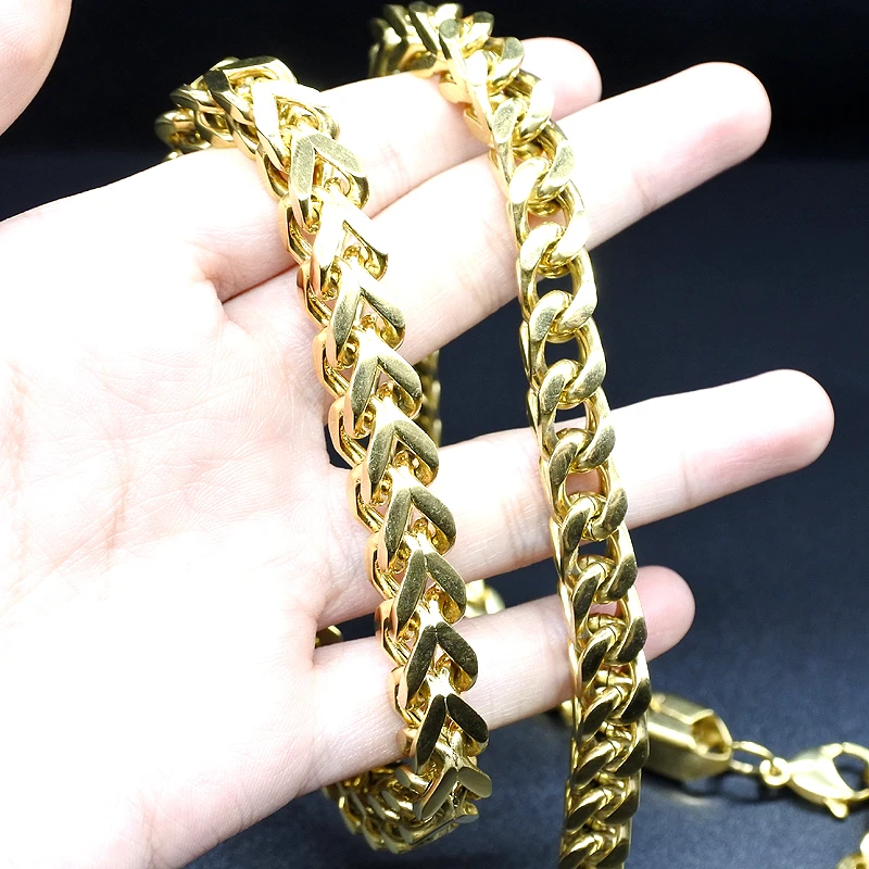 AMUMIU Золото Цвет 11 мм цепи ожерелье комплекты ювелирных браслетов для мужчин и женщин Классический Шарм Тонкий Прохладный Панк HZTZ107