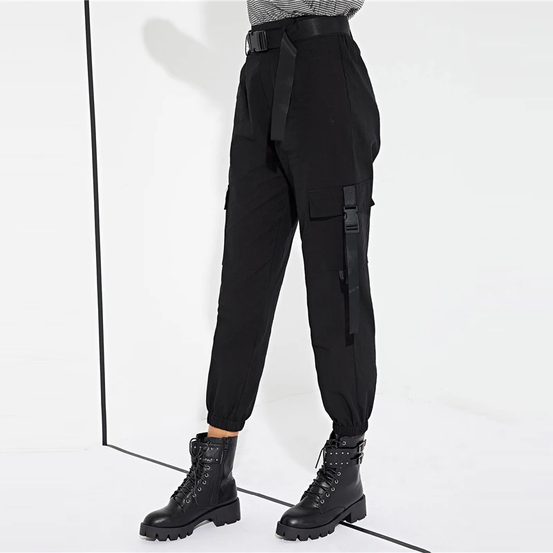 ROMWE Woman Black Crop Cargo Utility Pants With Slashes Fashion Belt High Waist Pockets Detail Pants Spring Casual Trousers