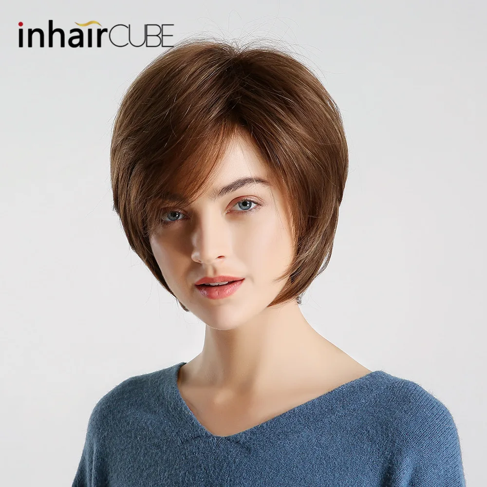 Inhair Cube парик с короткими волосами Pixie Cut Свет парик из каштановых волос пушистый Ombre подчеркивает сбоку синтетические чёлки волос Короткие