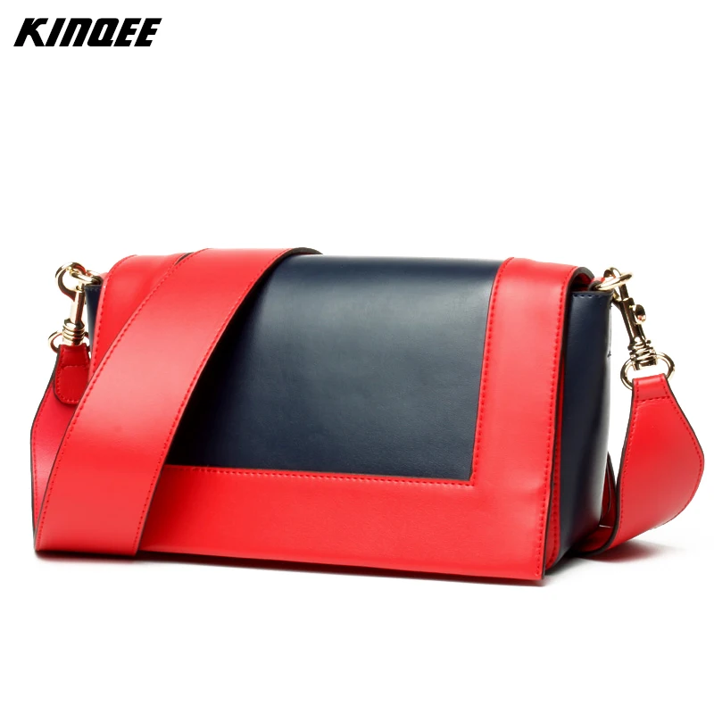 

2017 New Versatile Messenger Shoulder Bag Genuine Leather Two Straps Colors Patchwork Cow Flap Women Ladies Luxury Designer