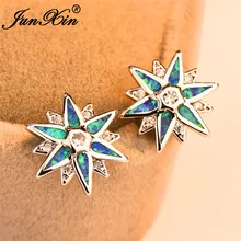 JUNXIN женские сине-белые огненные опаловые серьги-гвоздики со снежинками для женщин, 925 пробы, заполненные серебром, циркониевые Кристальные серьги со стразами