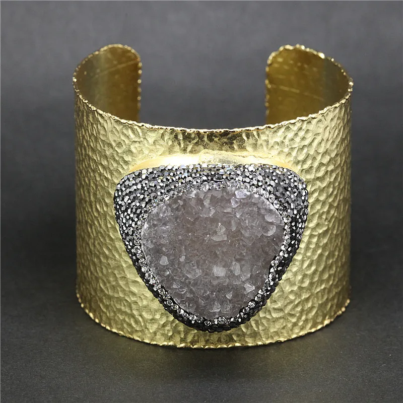 Pave Rhinestone Natural Druzy Stone Snakeskin Leather Cuff Bangles Bracelets Jewelry Finding for Women A-0093 | Гибкие и жесткие