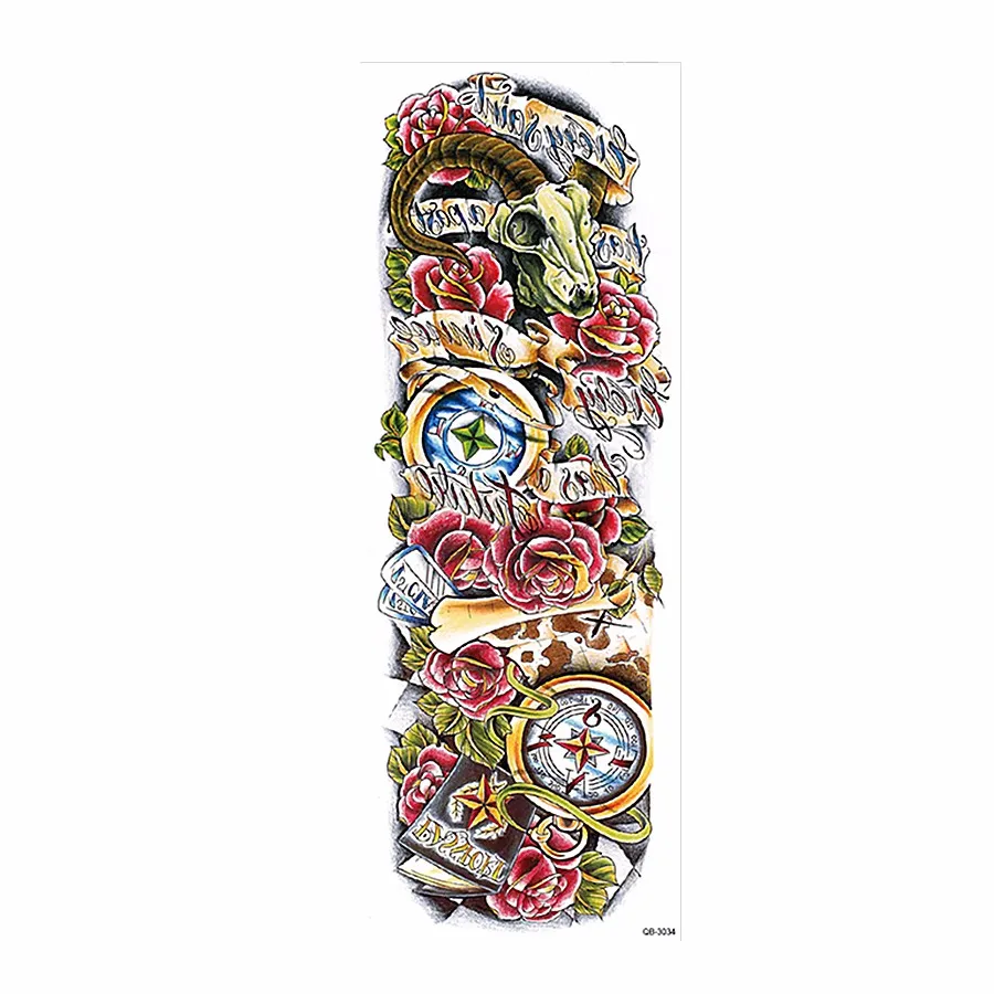 1 Piece Temporary Tattoo Sticker Water Transfer Rose Flower Compass Pattern Sexy Women Body Art Big Large Tattoo Sticker QB-3034 (1)