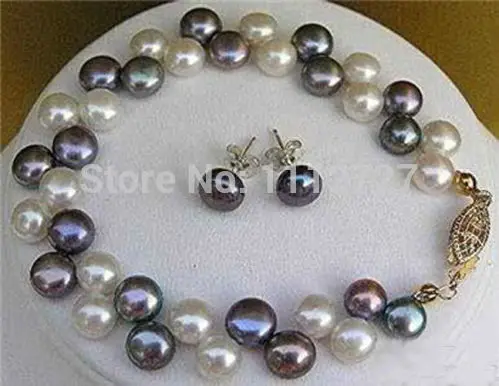

Women Gift word Love women Fashion Jewelry New fashion Natural 7-8MM 2 Rows Black White Pearl Bracelet Earrings Jewelry Set Bead