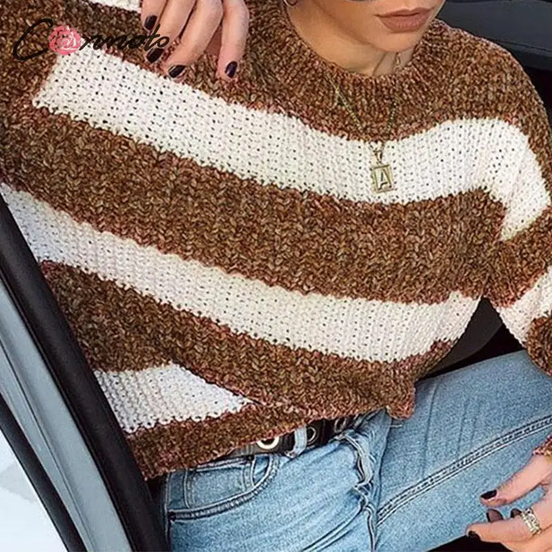

Conmoto Autumn Winter Sweater Women 2019 Fashion Coffee Stripe Pullovers Female Lantern Sleeve Knit Jumpers Tops Basic Sweater