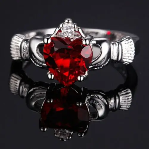 Креативный Кристальный, сердце, кольцо, Белый огненный опал, 925 серебро, Ирландское кольцо Claddagh, обручальное кольцо, Sz 6-9, подарок для женщин, ювелирное изделие - Цвет основного камня: Красный