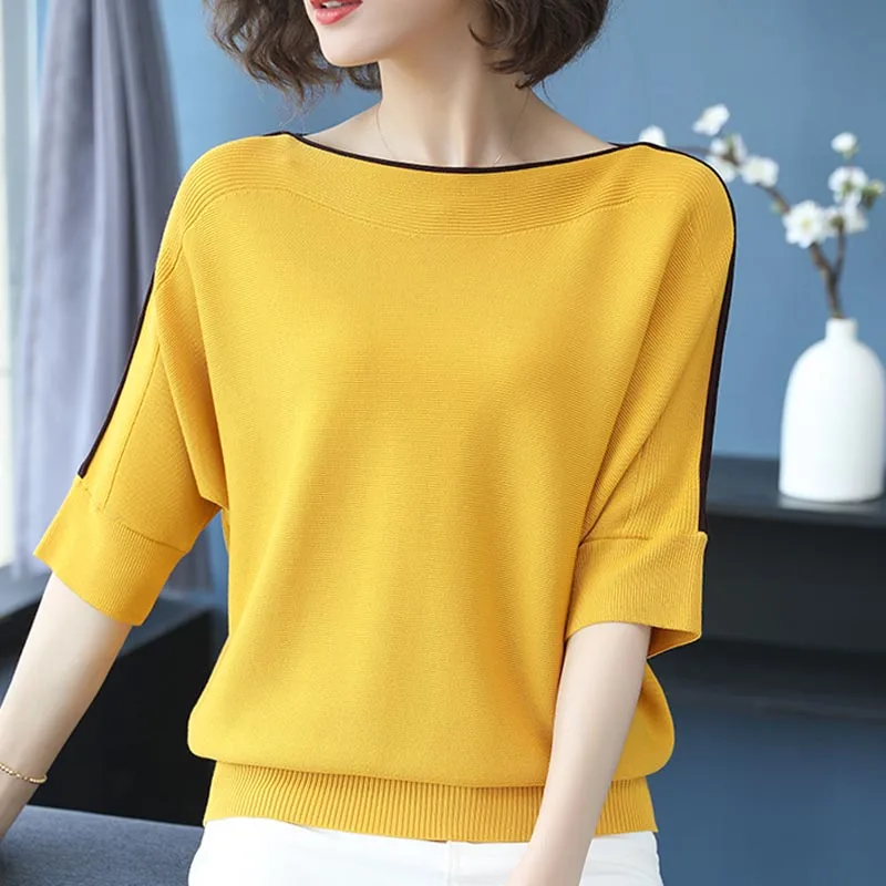 Весенне-летний свободный тонкий свитер, Женский вязаный Топ, Повседневные пуловеры с коротким рукавом, большой размер, женский корейский свитер - Цвет: Yellow