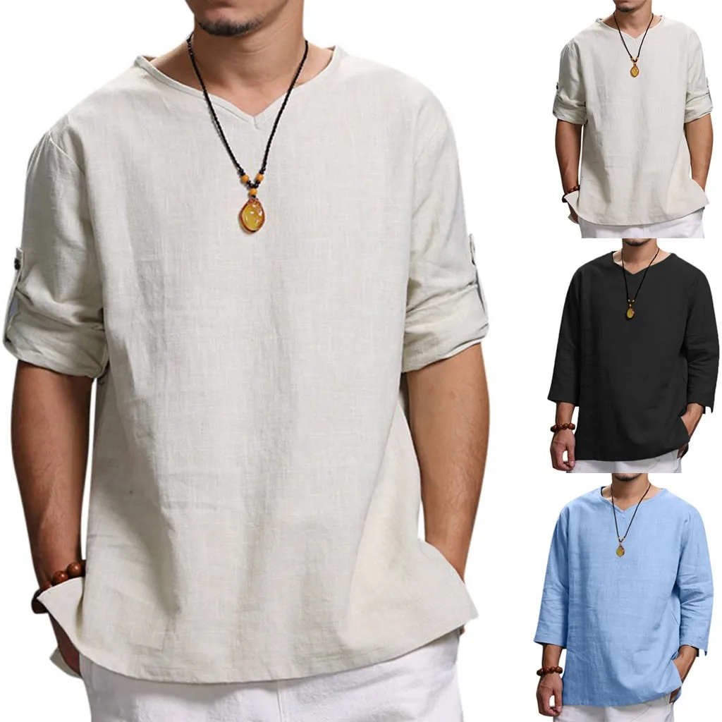 

2019 style hot sales Men's Summer Pure Cotton And Hemp Top Comfortable Fashion Blouse Top high quality sales
