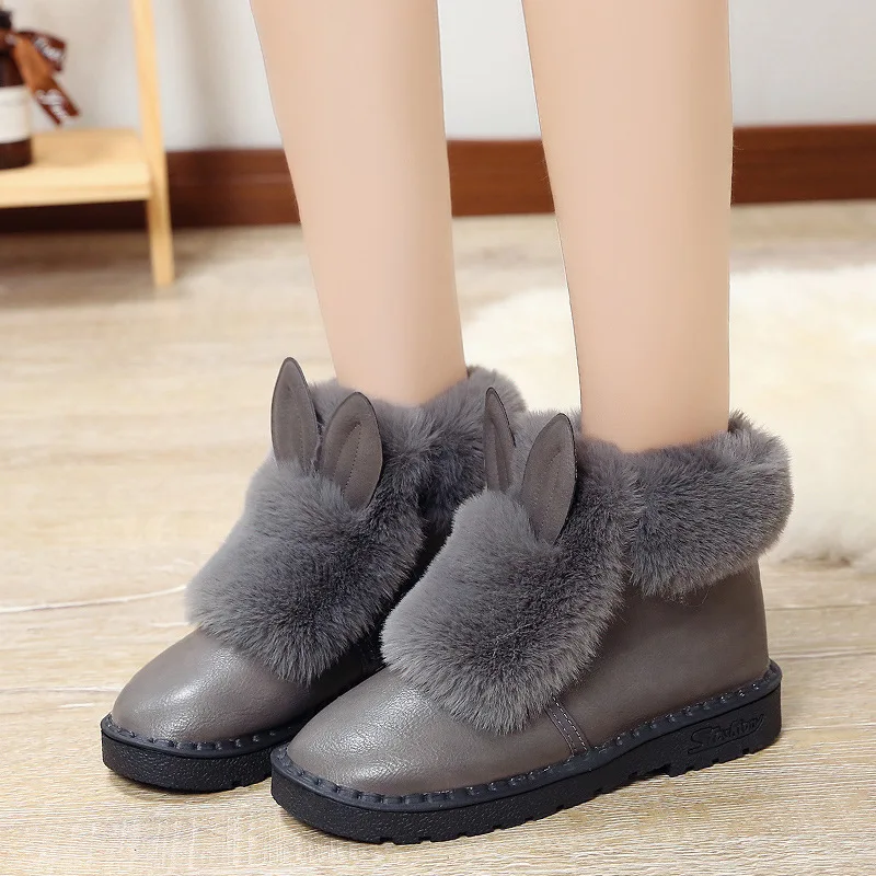 

2019 Rabbit Ears Ankle Boots For Women Flat Slip On Ladies Shoes Snow Boots Bota Feminina ankle boots for women