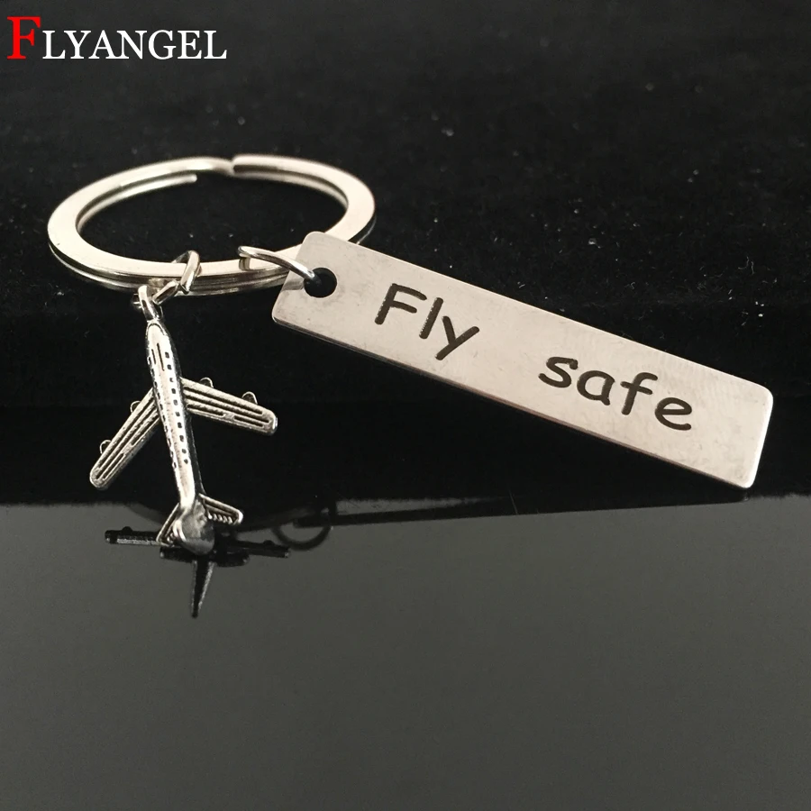 Fashion Jewelry Engrave Fly Safe Airplane Pendant Traveling Keychain