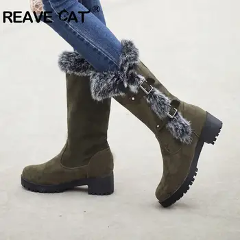 

Reave Cat Women Snow Boots Female Mid-Calf Winter Boots Plush Double Buckle Shoes Woman Slip-On Flock Round Toe Bottine A194