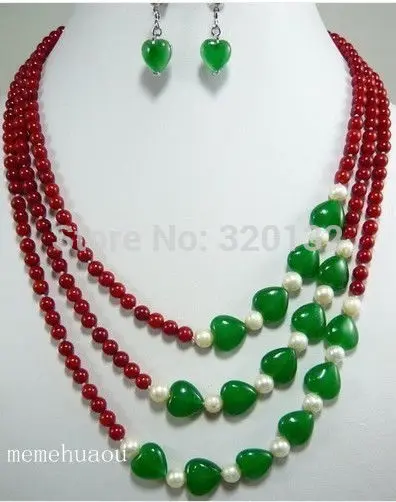 

Nobility Woman's Beautiful Jewelry 3Row 6mm Red Coral& Green Jade Necklace Earring Wholesale Plated gold Jewelry silver hook