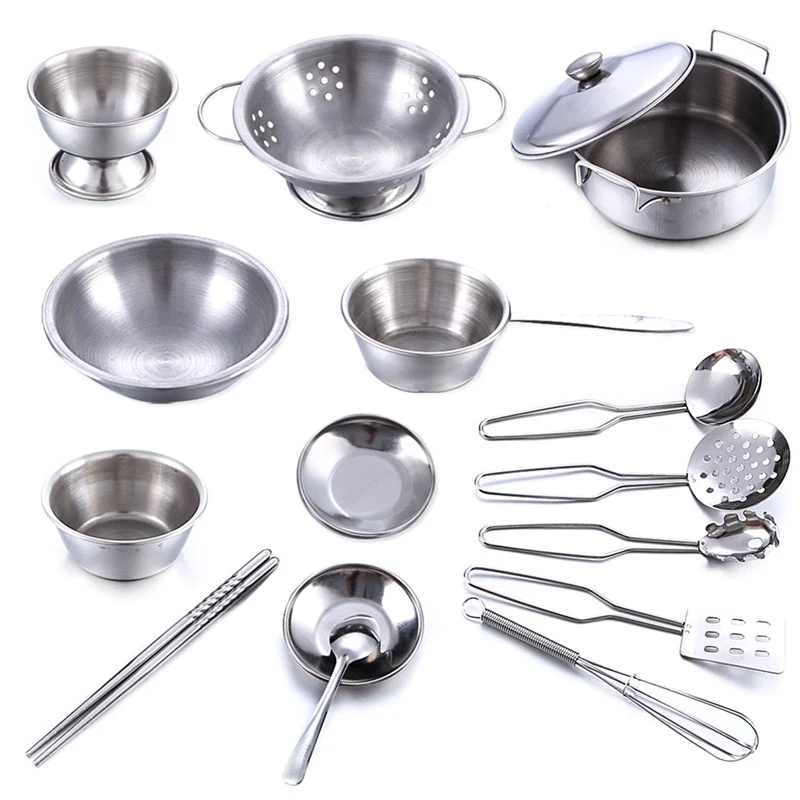 

16Pcs/Set Stainless Steel Children Kitchen Toys Miniature Cooking Set Simulation Tableware Toy Pretend Play Cook Toy Kids Gift