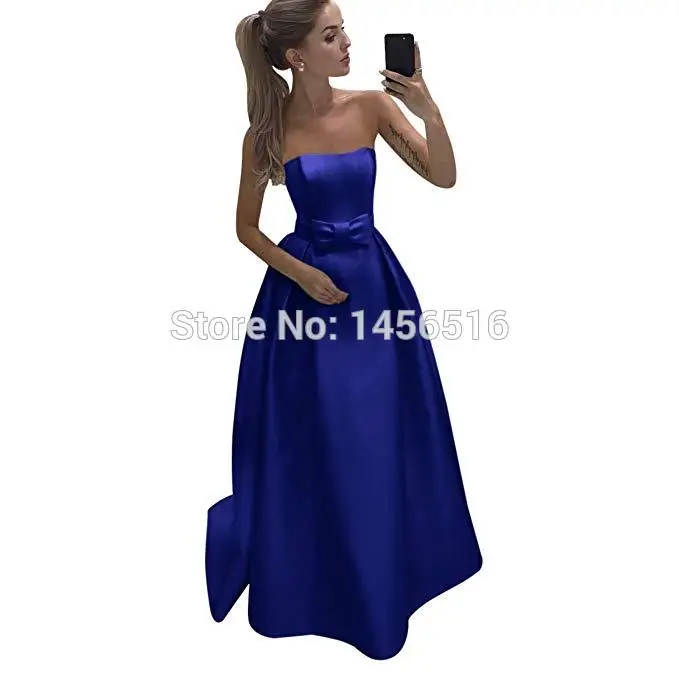 Royal Blue Menoqo без бретелек с открытой спиной и галстуком Длинные атласные вечерние платья - Цвет: Royal Blue