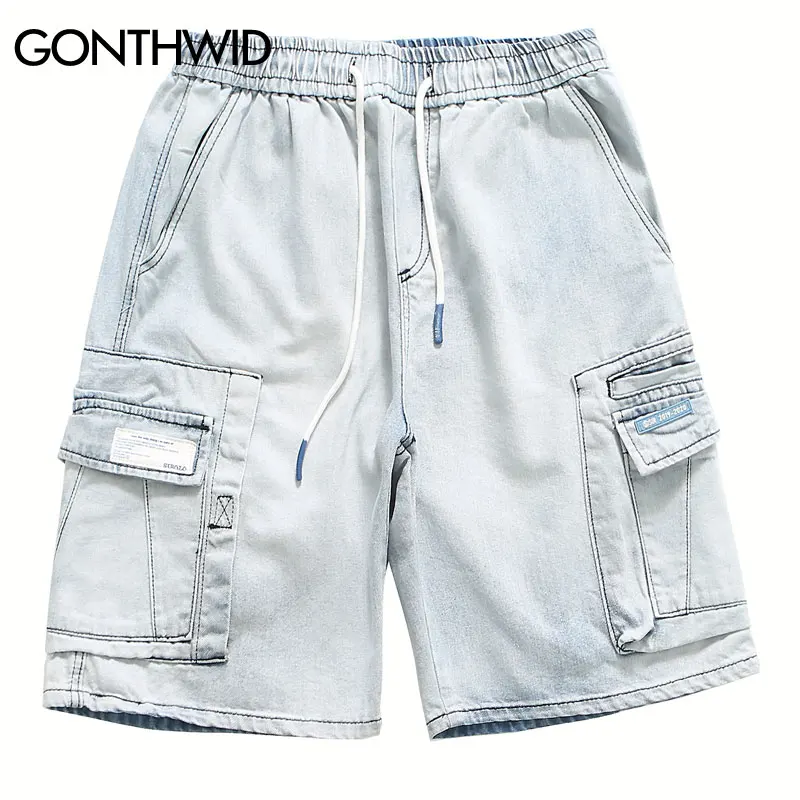 

GONTHWID Multi Pockets Baggy Short Jeans Denim Shorts Men Streetwear 2019 Summer Hip Hop Casual Fashion Short Pants Trousers