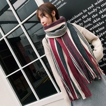 

autumn and winter imitation cashmere splicing striped scarves fringe for female thickened and warm knitted neck scarves