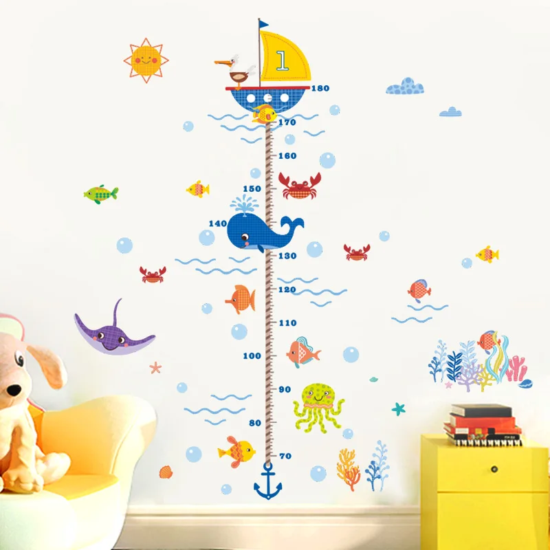 

Underwater sea fish anchor finding aquarium height measure wall decals bedroom home decor cartoon animal growth chart pvc decals