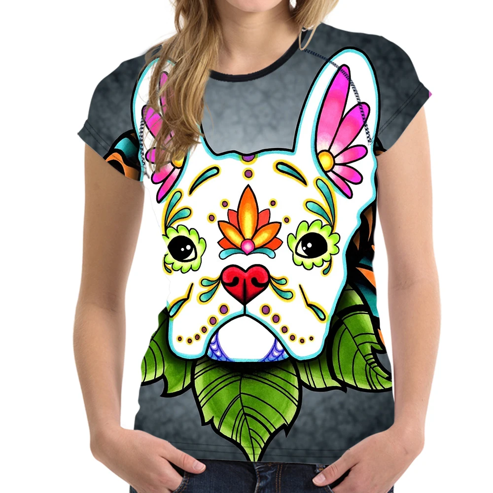 NoisyDesigns Kawaii 3D Собака Французский бульдог печатные женщин футболки День мертвых