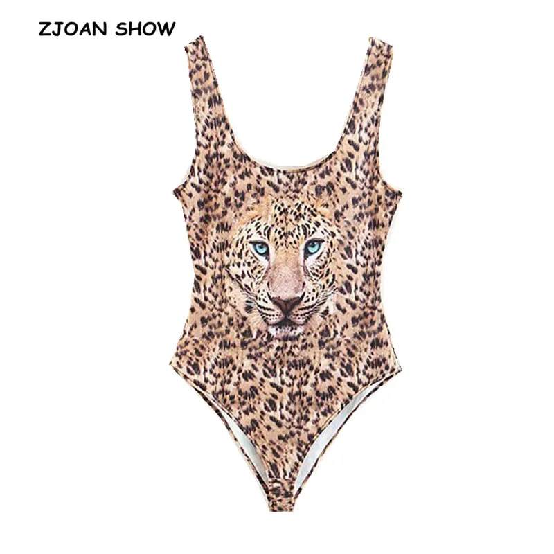 Sexy Animal head Leopard Print Backless Bodysuit 2018 Woman O neck