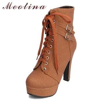 

Meotina Winter Ankle Boots Women Motorcycle Boots Platform High Heel Boots Ladies Shoes Buckle Lace Up 2018 New Female Footwear