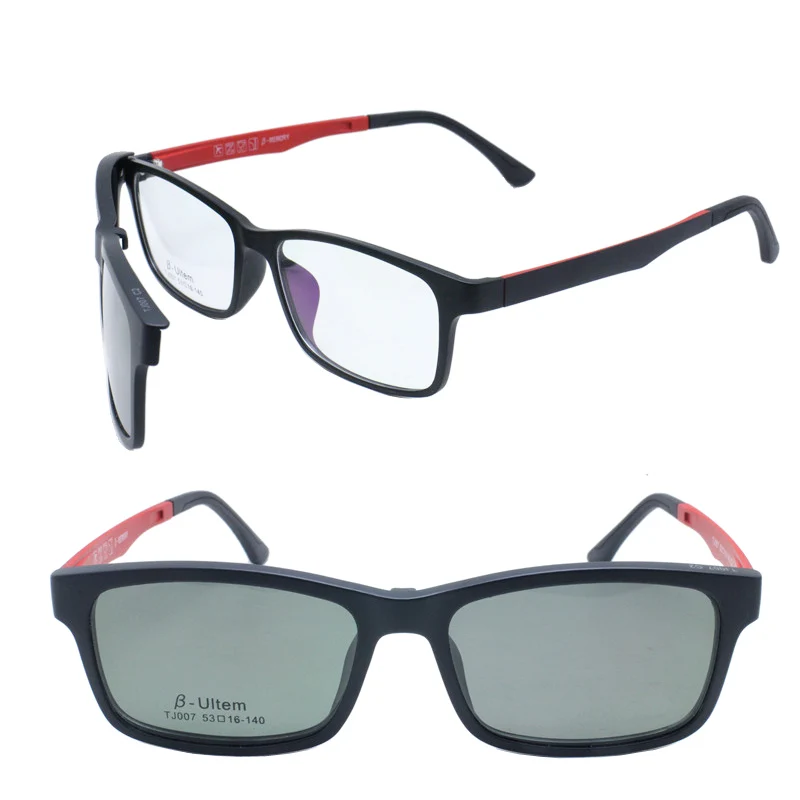 

007 ultra lightweight ULTEM rectangle prescription glasses with handy megnatic clip on removable polarized sunglasses lenses men