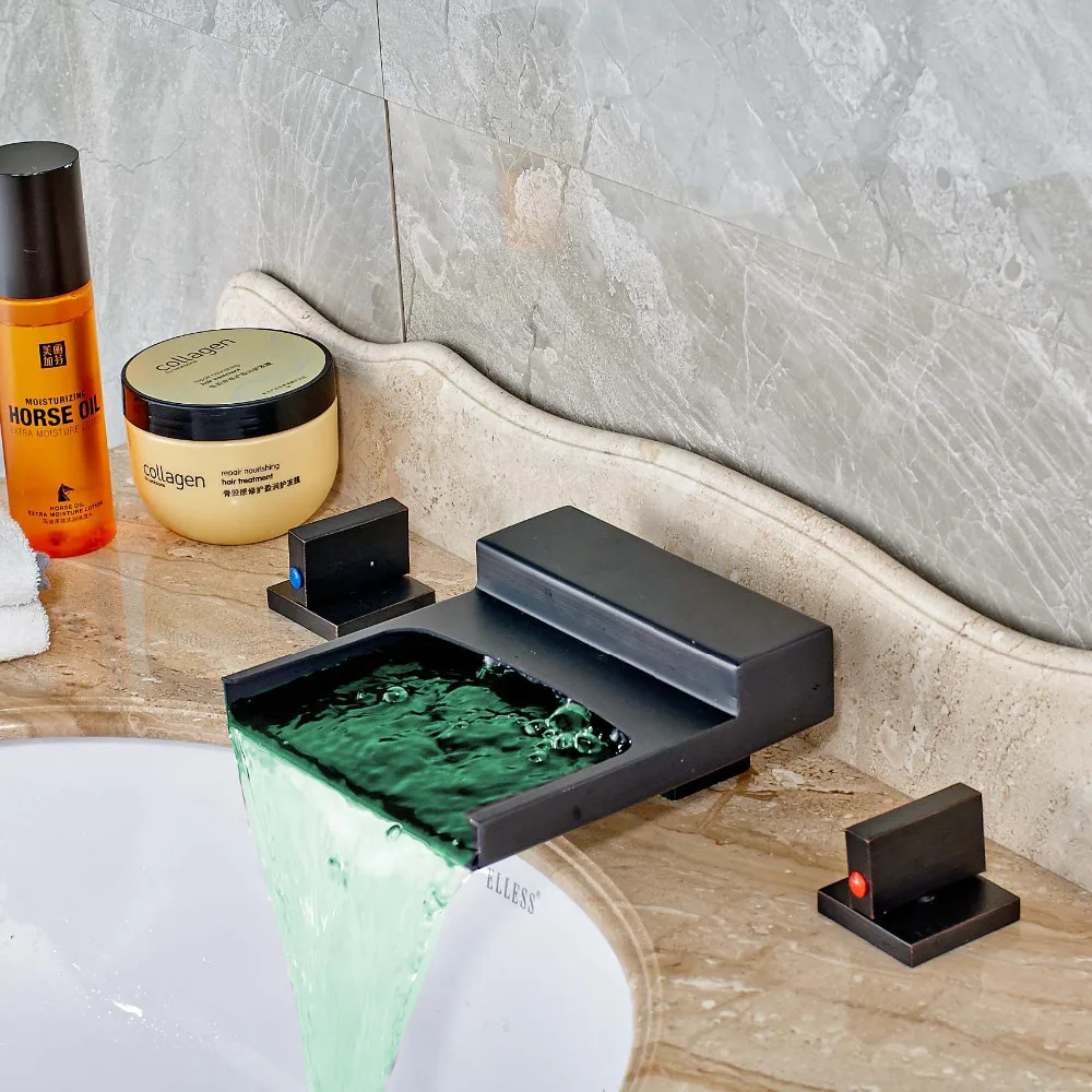 

Uythner Modern Oil Rubbed Bronze LED Color Changing Square Waterfall Bathroom Basin Faucet Mixer Tap Hot&Cold Water