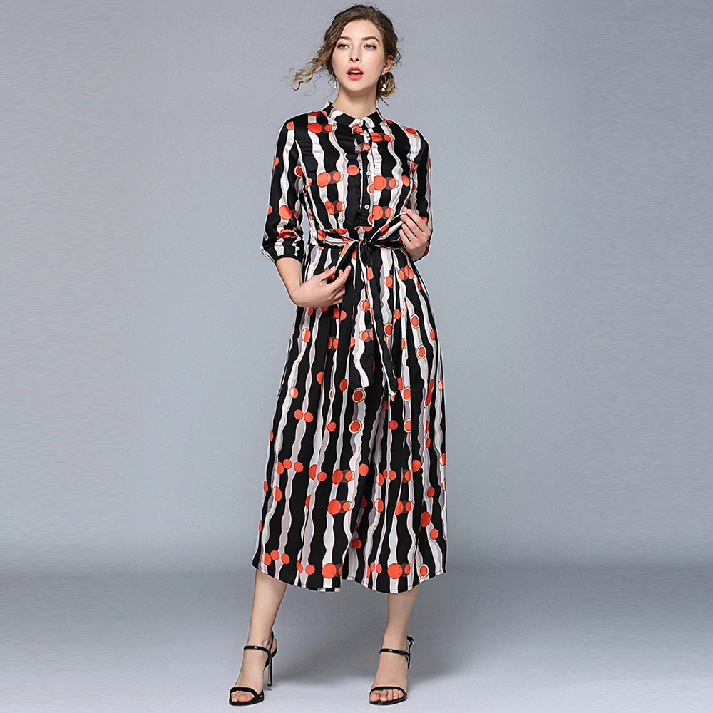 

Dots Printed Woman Summer New Dress Fashion Striped Ladies Party Dresses Stand Collar OL Calf-length Dresses New
