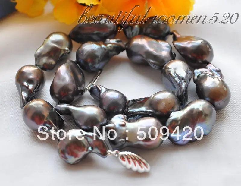 

~~ Shipping26mm BLACK BAROQUE KESHI REBORN PEARL NECKLACE silver 17inch