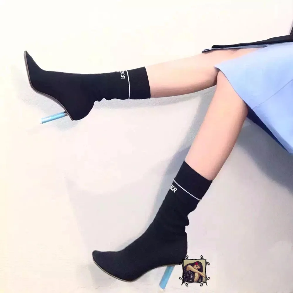 

2017 Spring Luxury Design Lighter Inpired Strange Heel Booties Women Sexy Stretch Short Boots Ladies Solid Socks Shoes