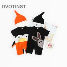 Dvotinst для маленьких мальчиков и летняя одежда для девочек короткий рукав животное Пингвин боди с дизайном «кролик»+ шапка Комплекты из 2 предметов Детский комбинезон для малышей