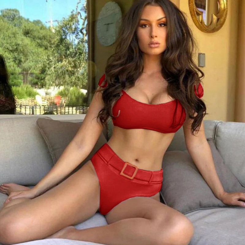 

ZTVitality Women Sexy Solid Sleeve Belt High Waist Bikini 2019 Newest Beachwear Padded Swimsuit Brazilian Swimwear Women Biquini