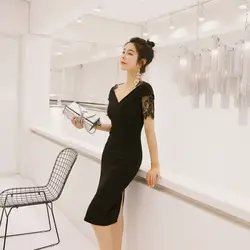 2019 летнее платье с v-образным вырезом сексуальное с высоким разрезом женские платья элегантные черные платья кружевные рукава Vestidos платье